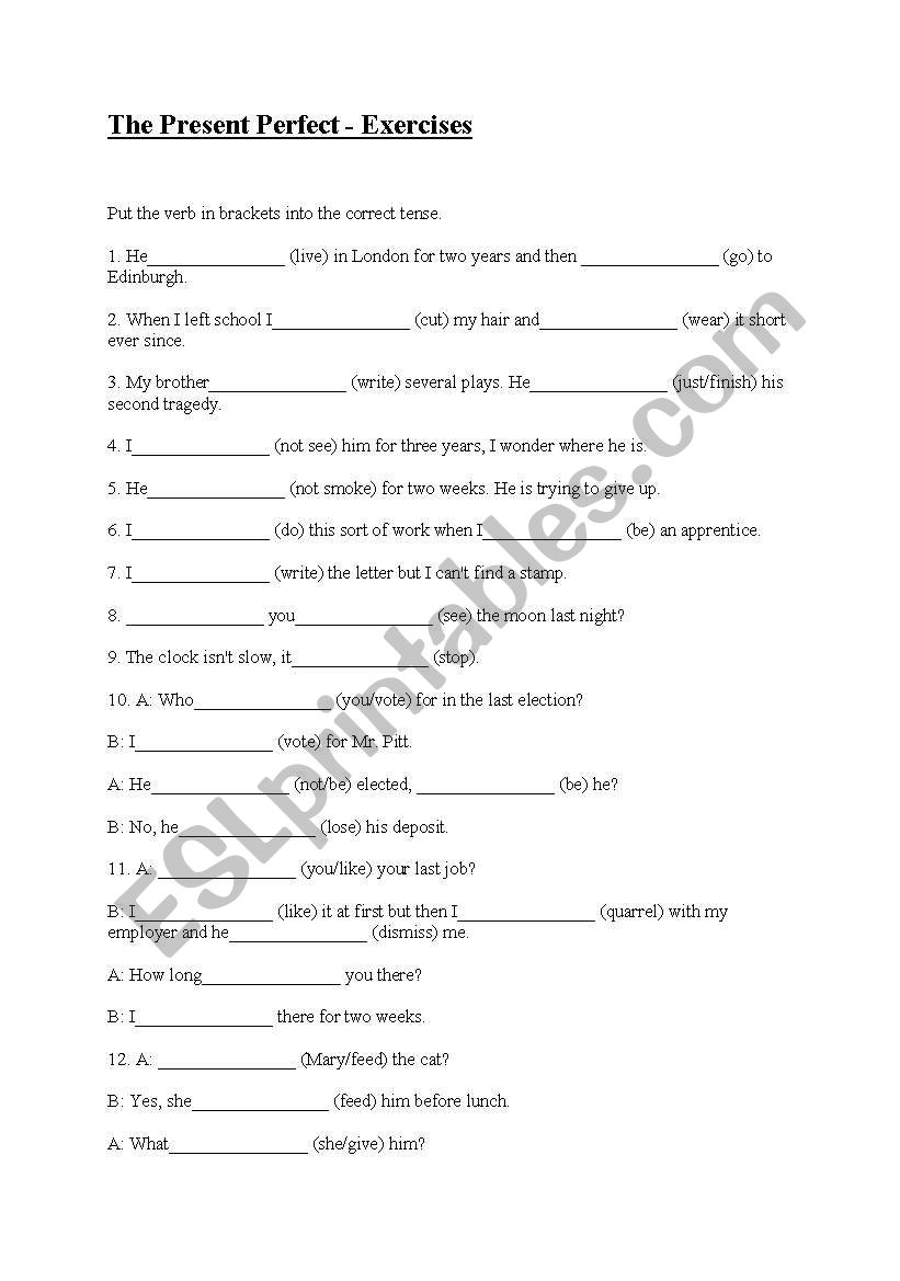 present perfect exercise worksheet