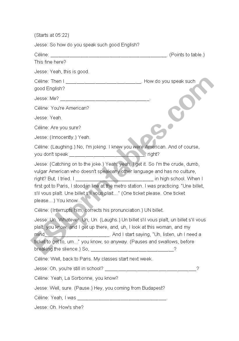 before sunrise  worksheet