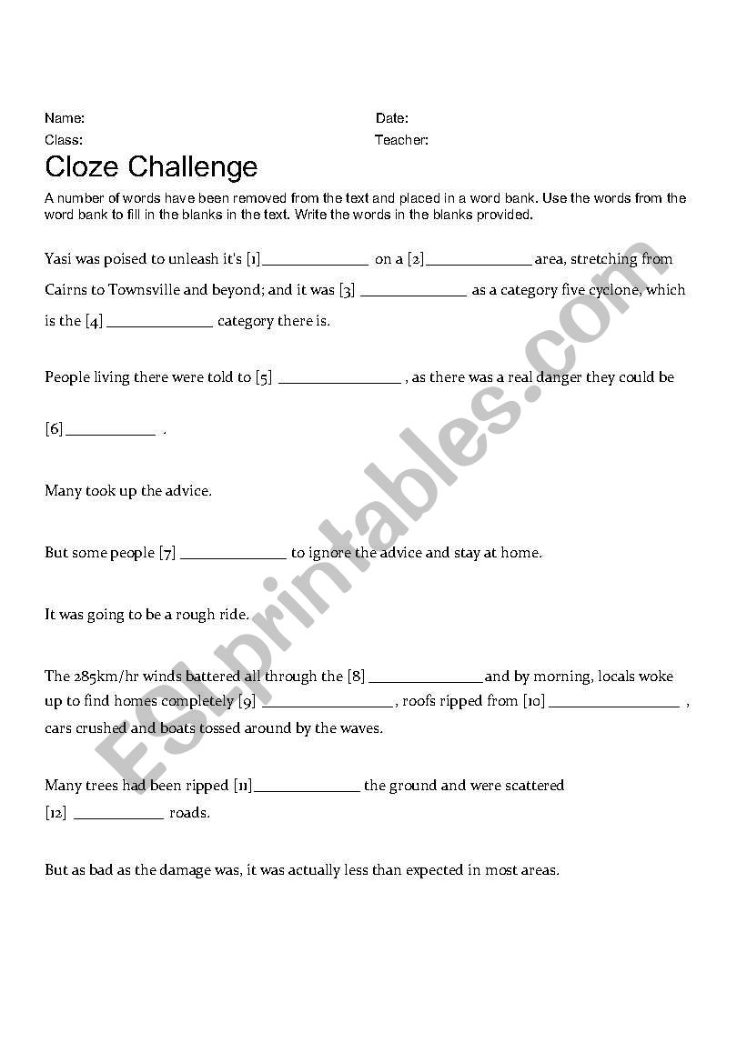 Cyclon Yasi worksheet