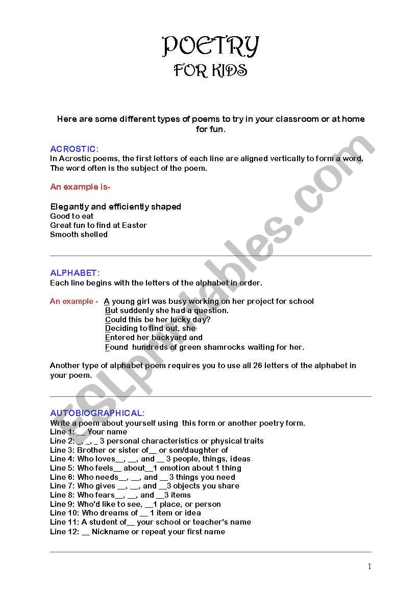 poetry for kids worksheet