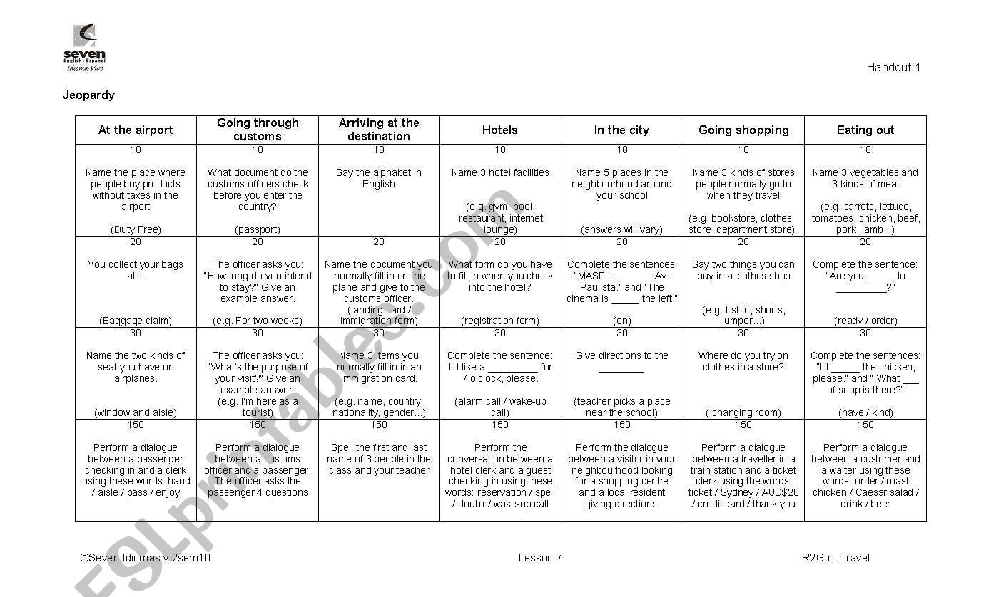 Jeopardy worksheet