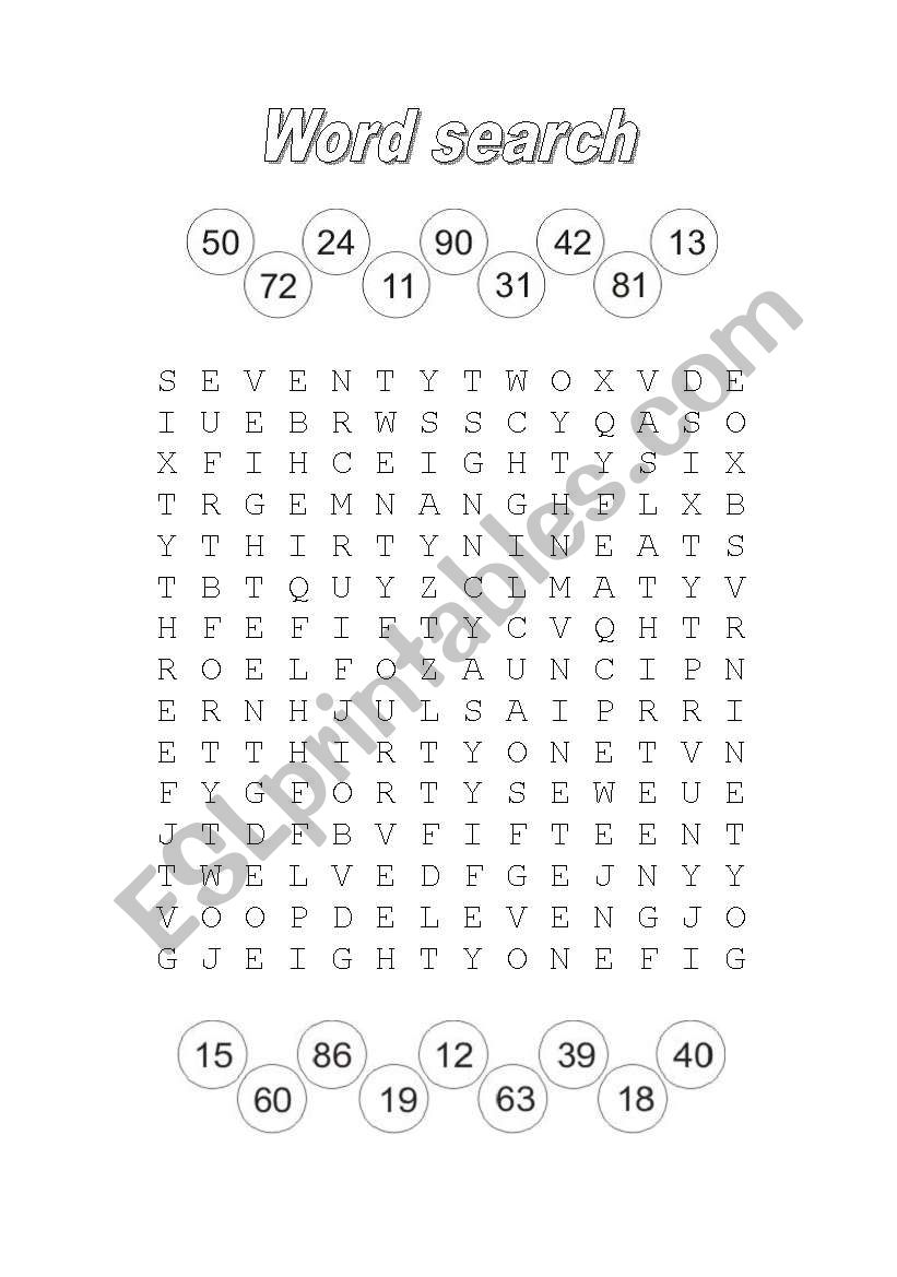 Numbers word search worksheet