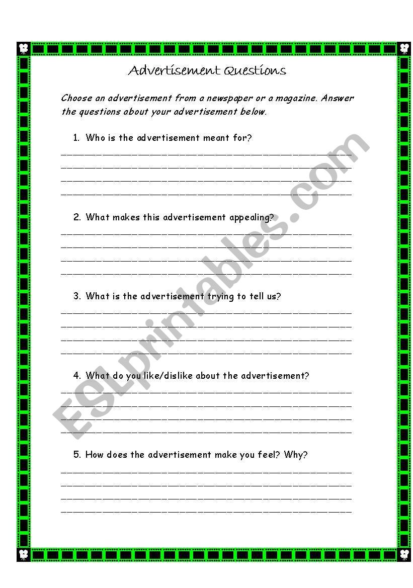 Advertisement Questions worksheet