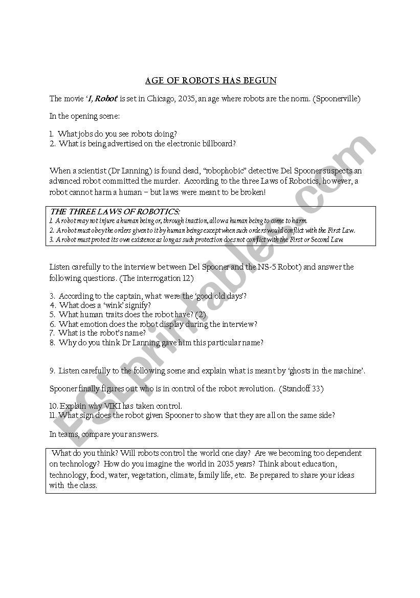 I, Robot worksheet