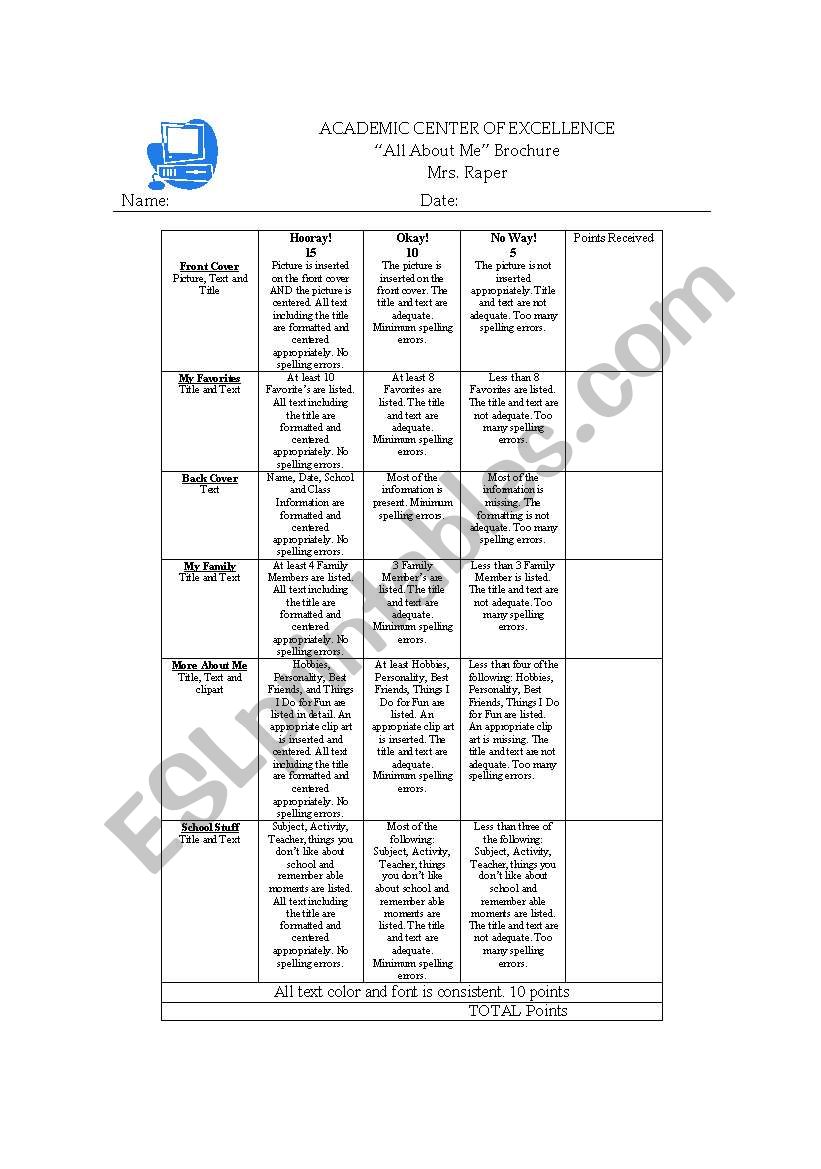 All About Me Rubric worksheet