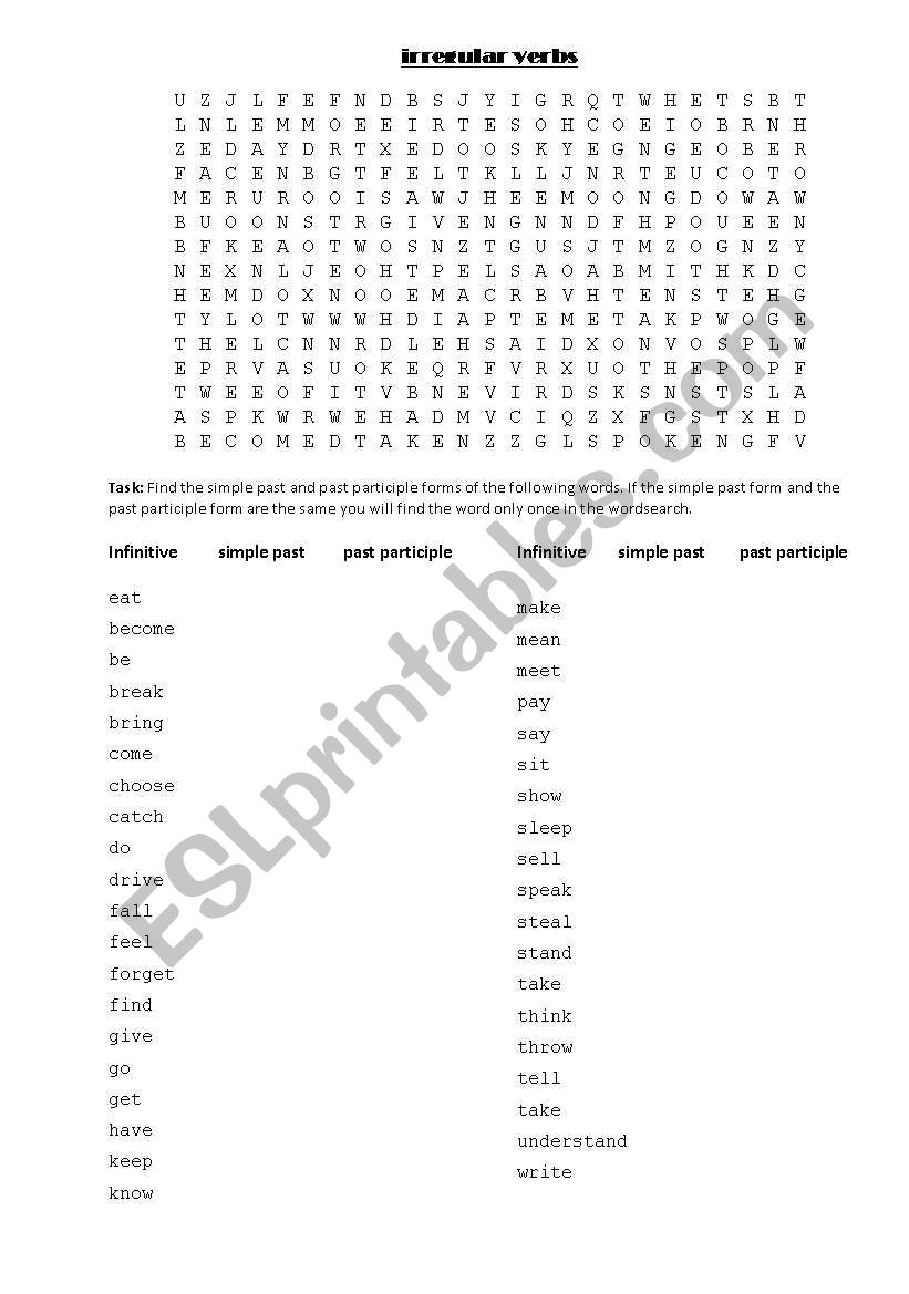 Irregular verbs wordsearch worksheet