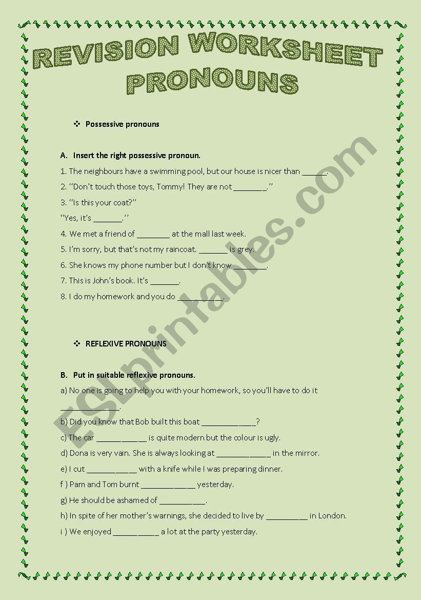 Revision work about Pronouns worksheet