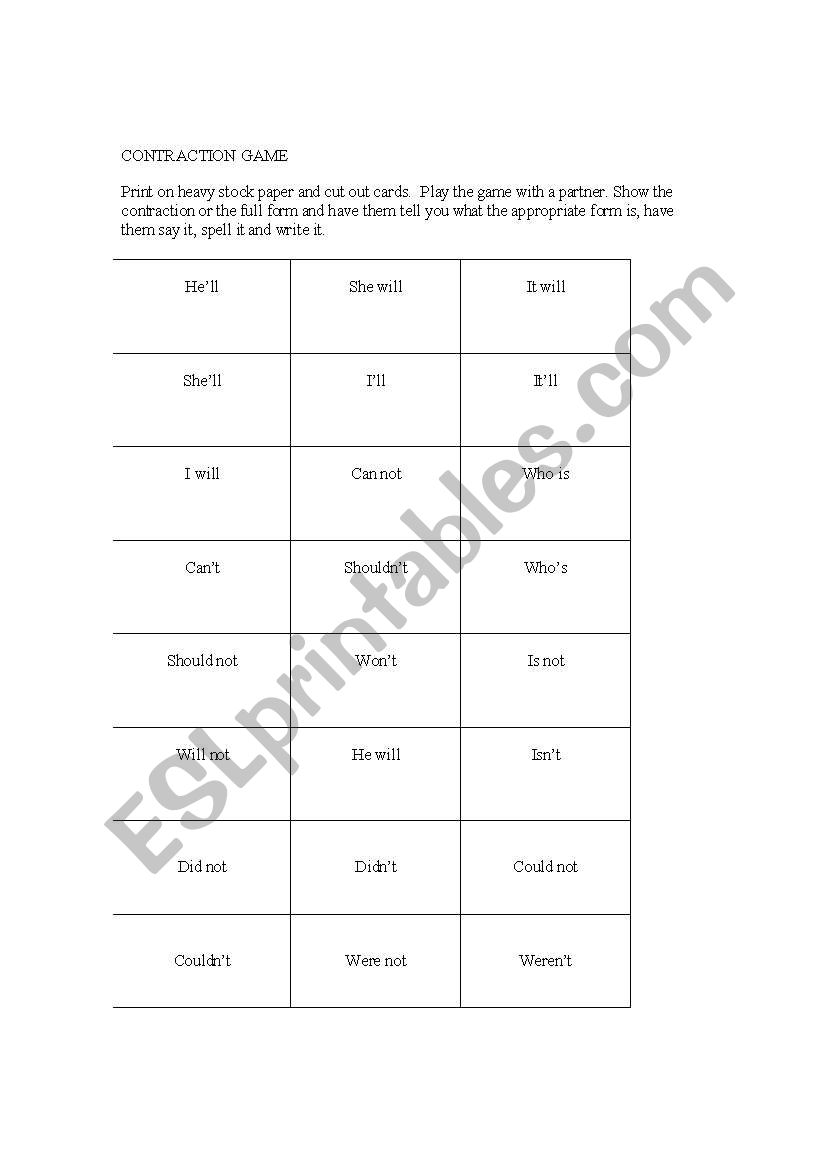 Contraction Game worksheet