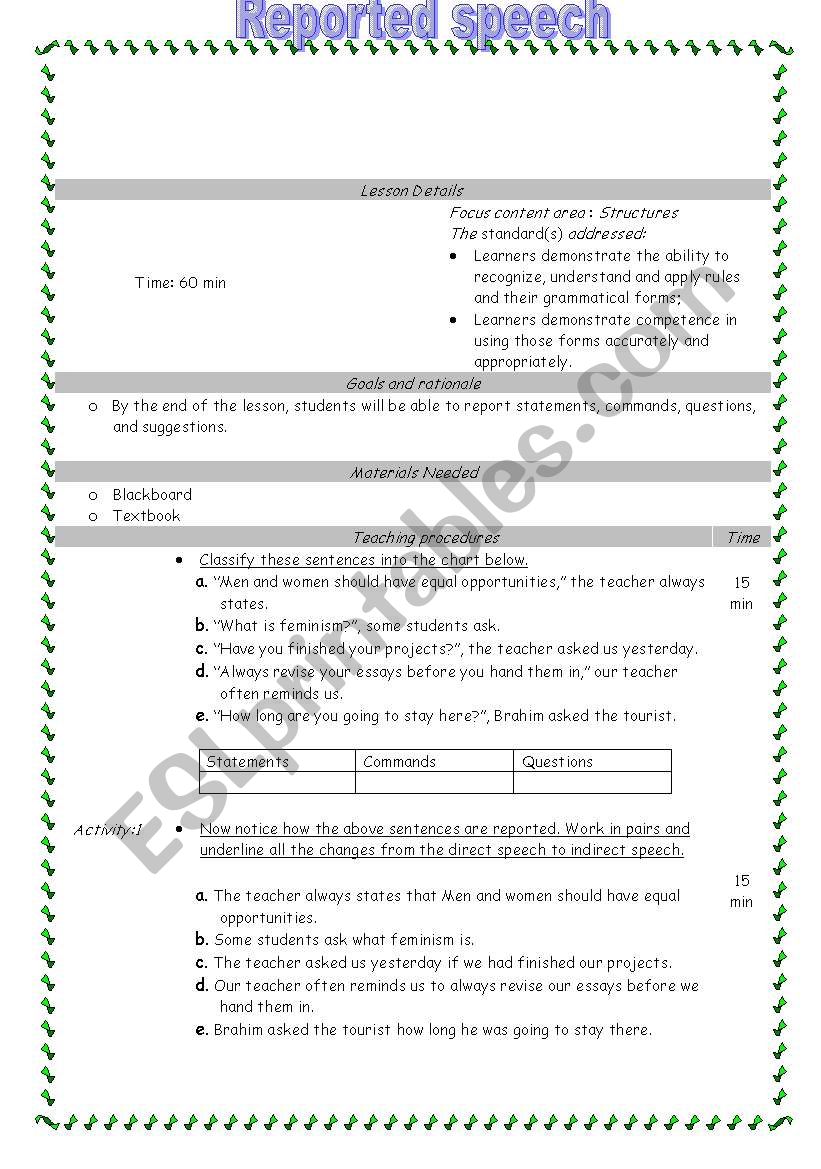 reported speech worksheet