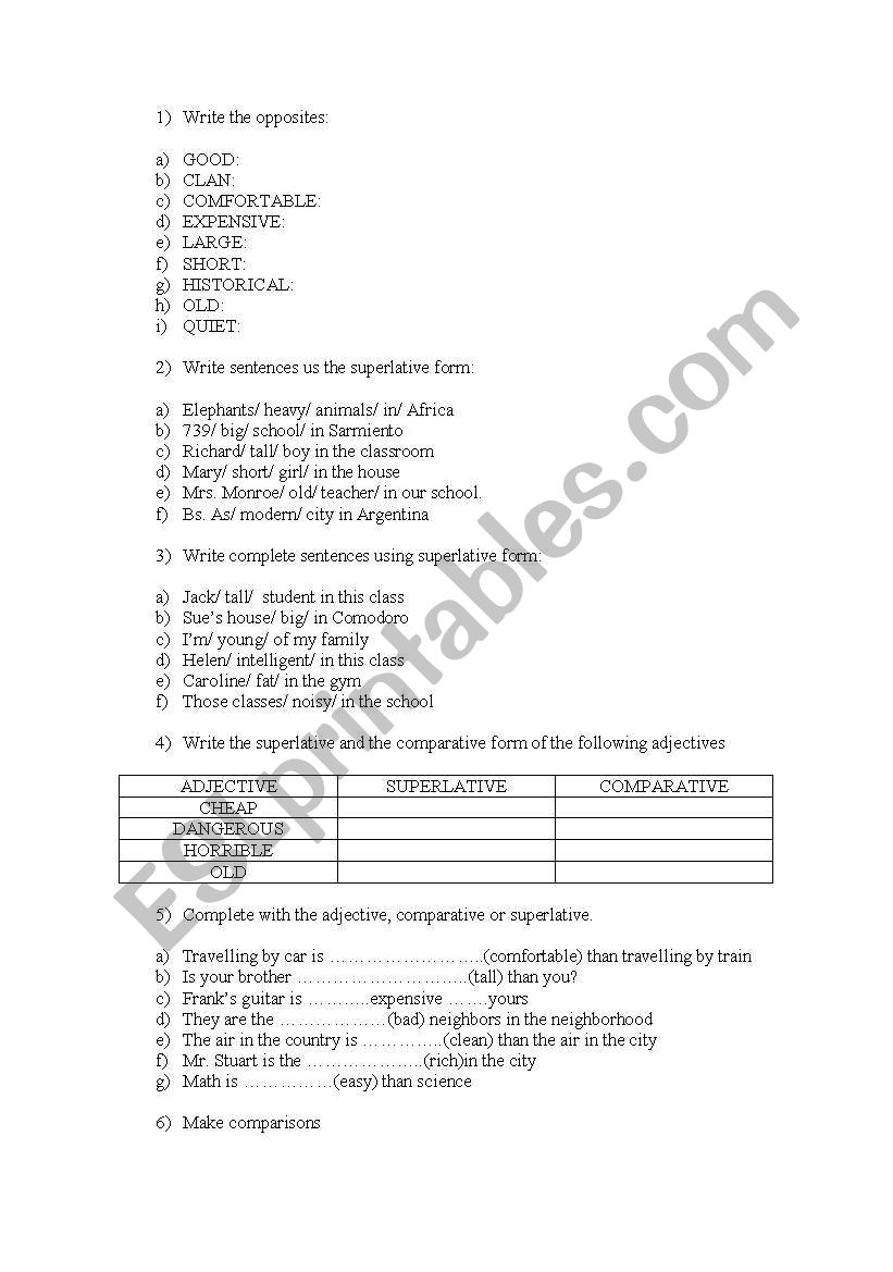 Comparative and Superlative worksheet