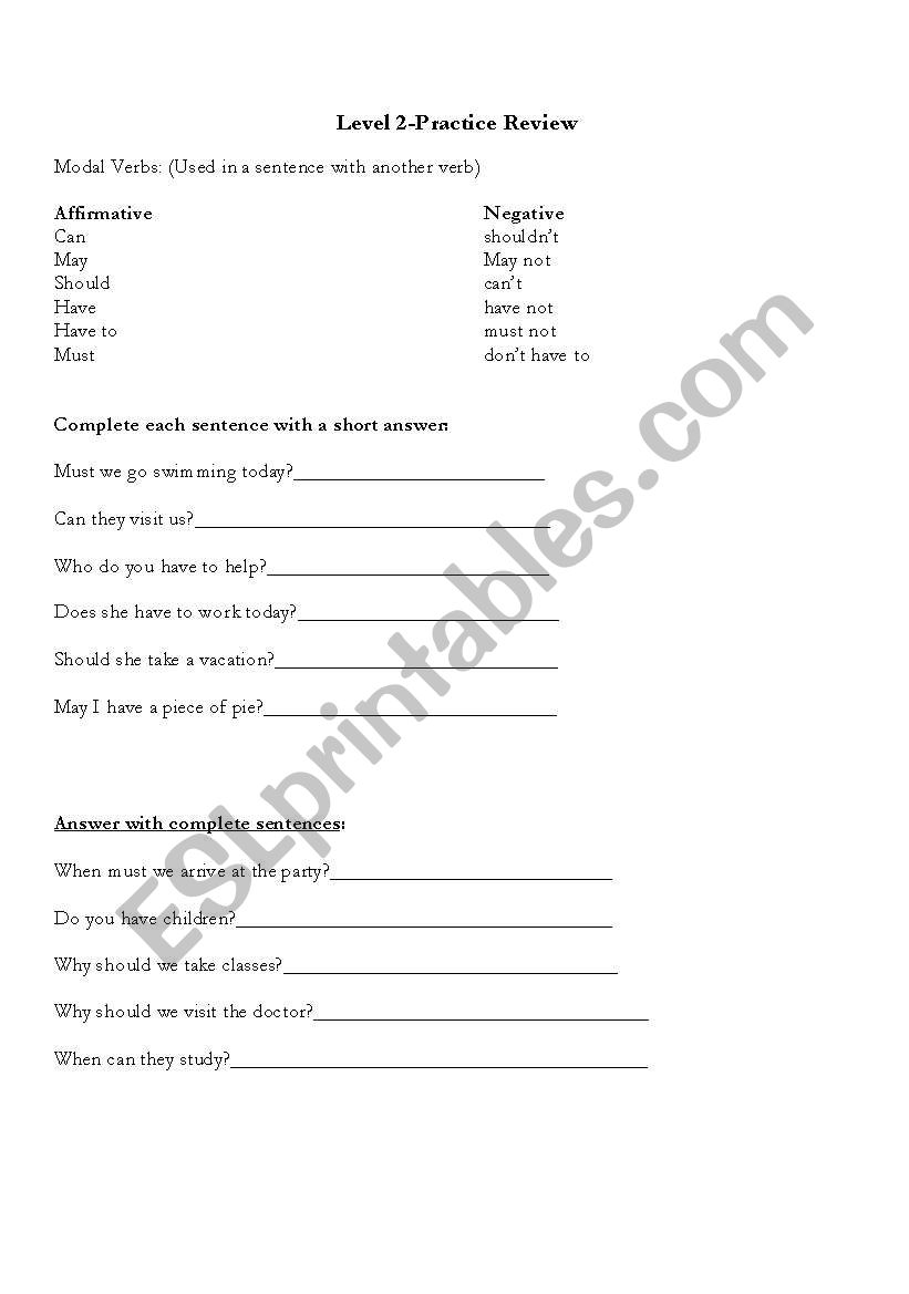 ESL Modal verbs  worksheet