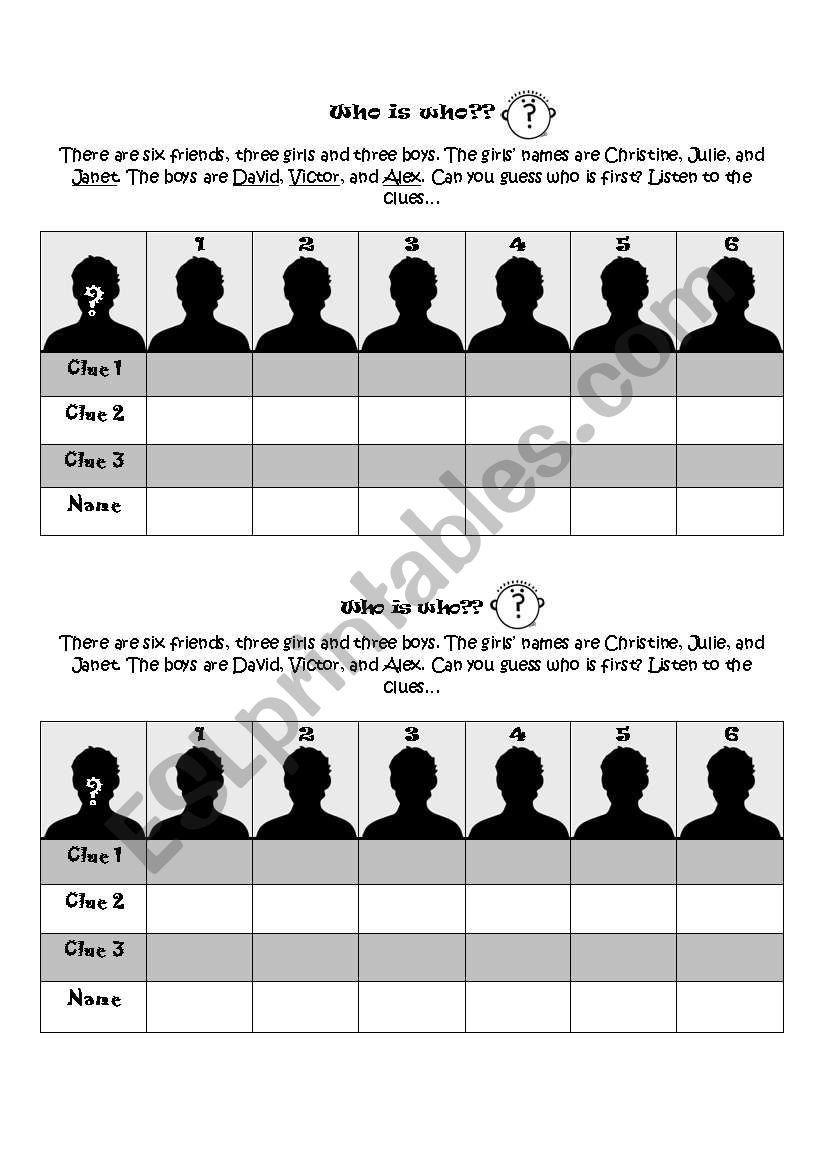 Who is Who? (Listening activity_Logical Thinking. Description included)