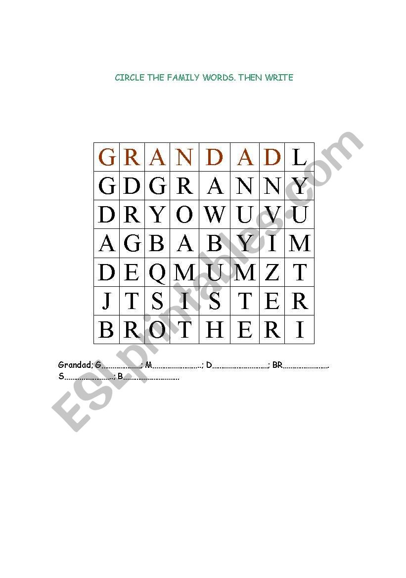 Family wordsearch worksheet