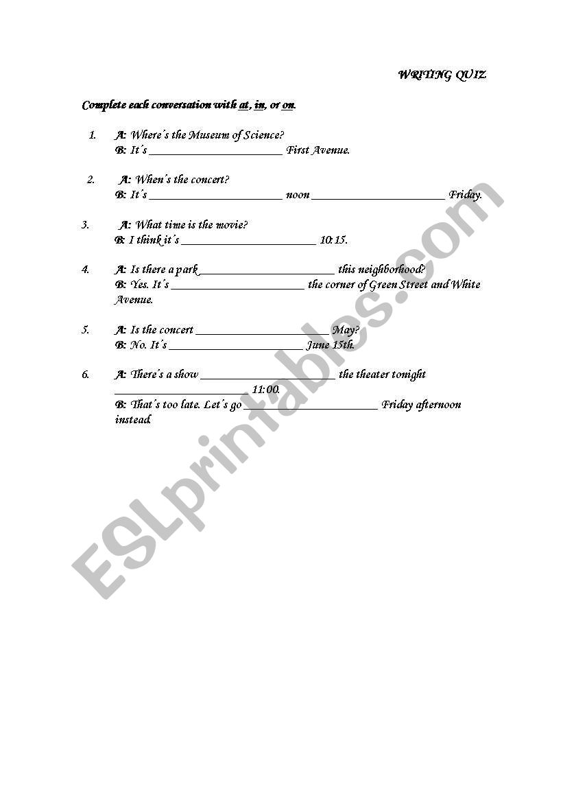 QUIZ OF PREPOSITIONS worksheet