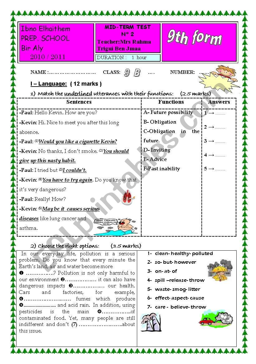 mid term test n° 2 term 2 ( 9th form)