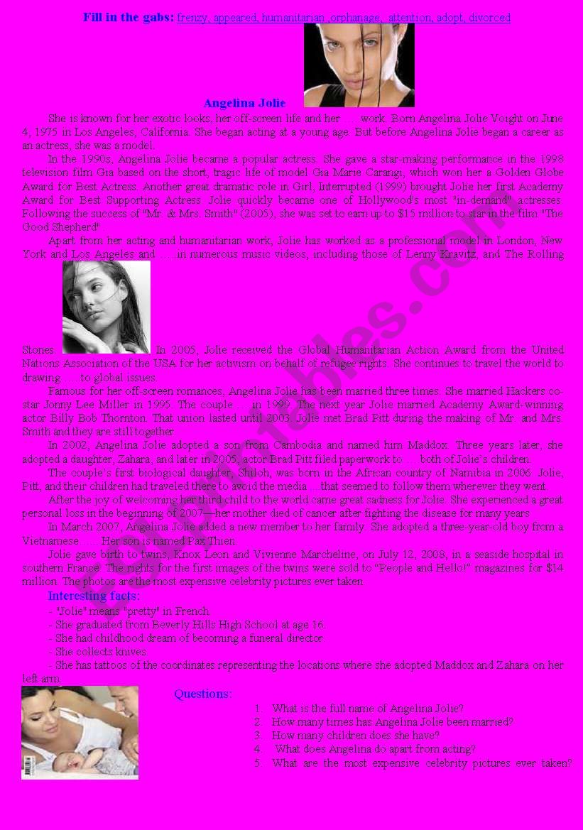 Angelina Jolie worksheet