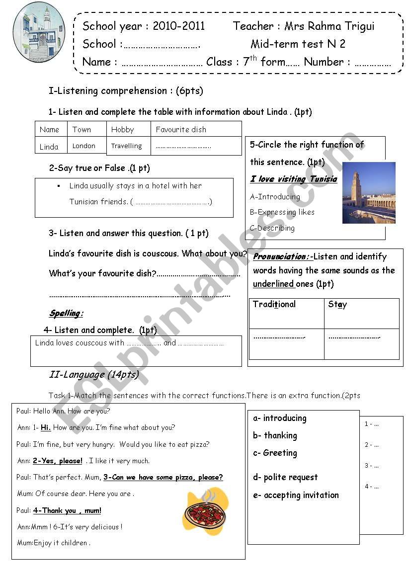 mid term test 7th form number 2 term two