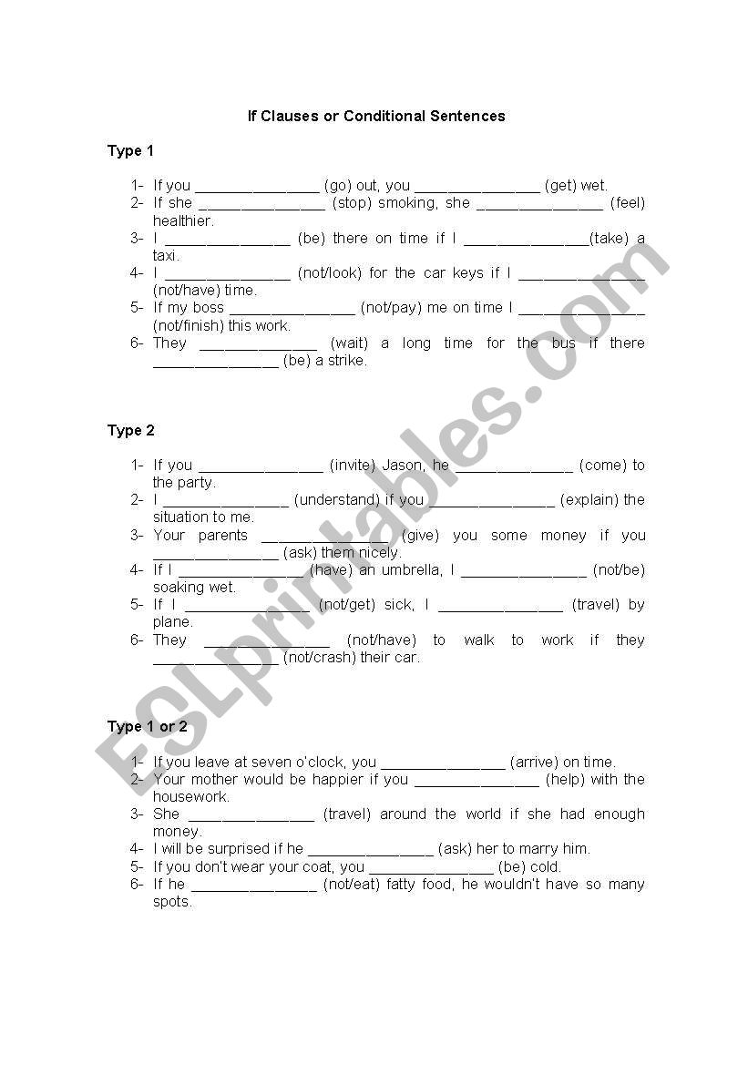 If clauses: type 1 and 2 worksheet