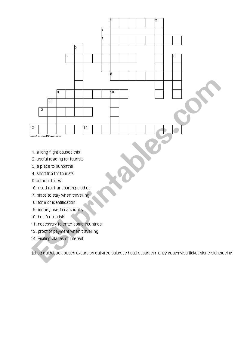 crossword on travelling worksheet