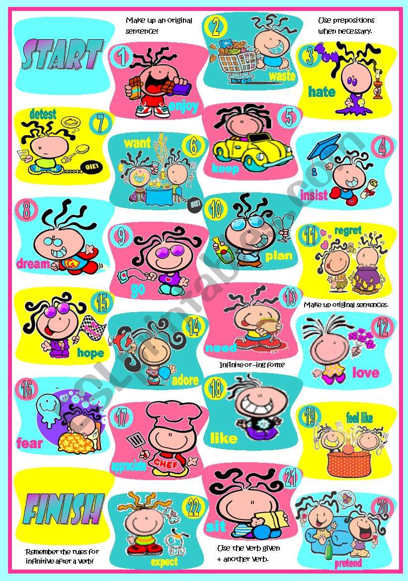 Bubblegum boardgame  infinitive / -ing after verbs, prepositions and expressions  Directions and suggestions included  2 pages  fully editable