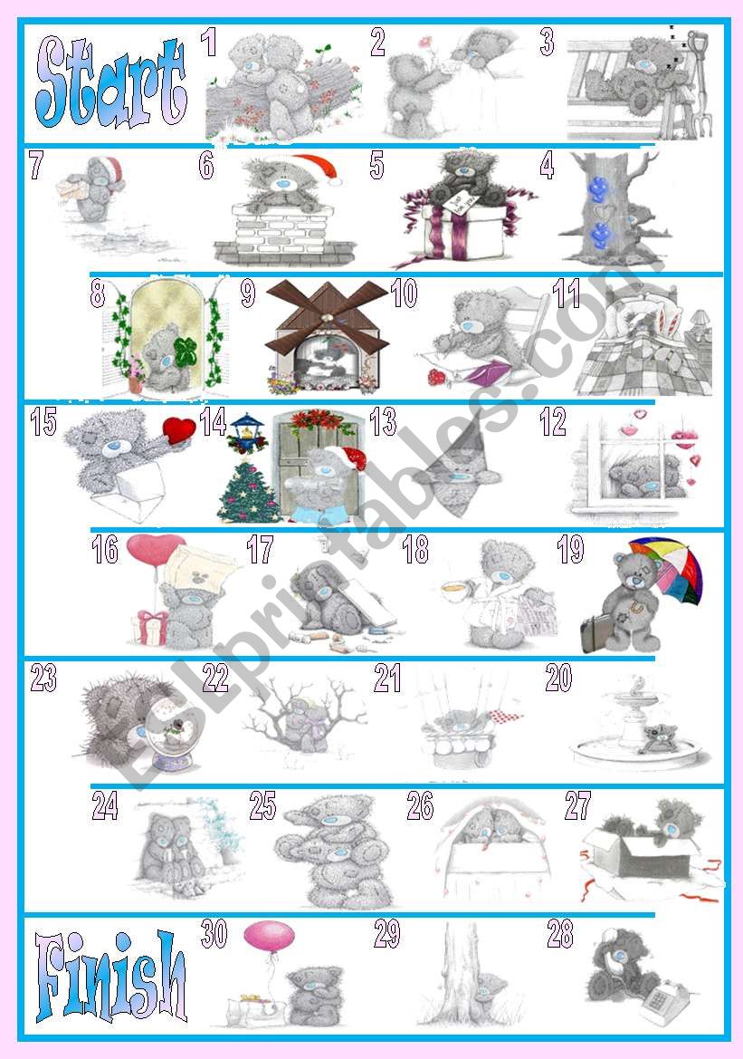 Tatty Bears Boardgame  prepositions  present simple  present continuous  descriptions  Directions for teachers  Tokens and suggestions included  2 pages  fully editable