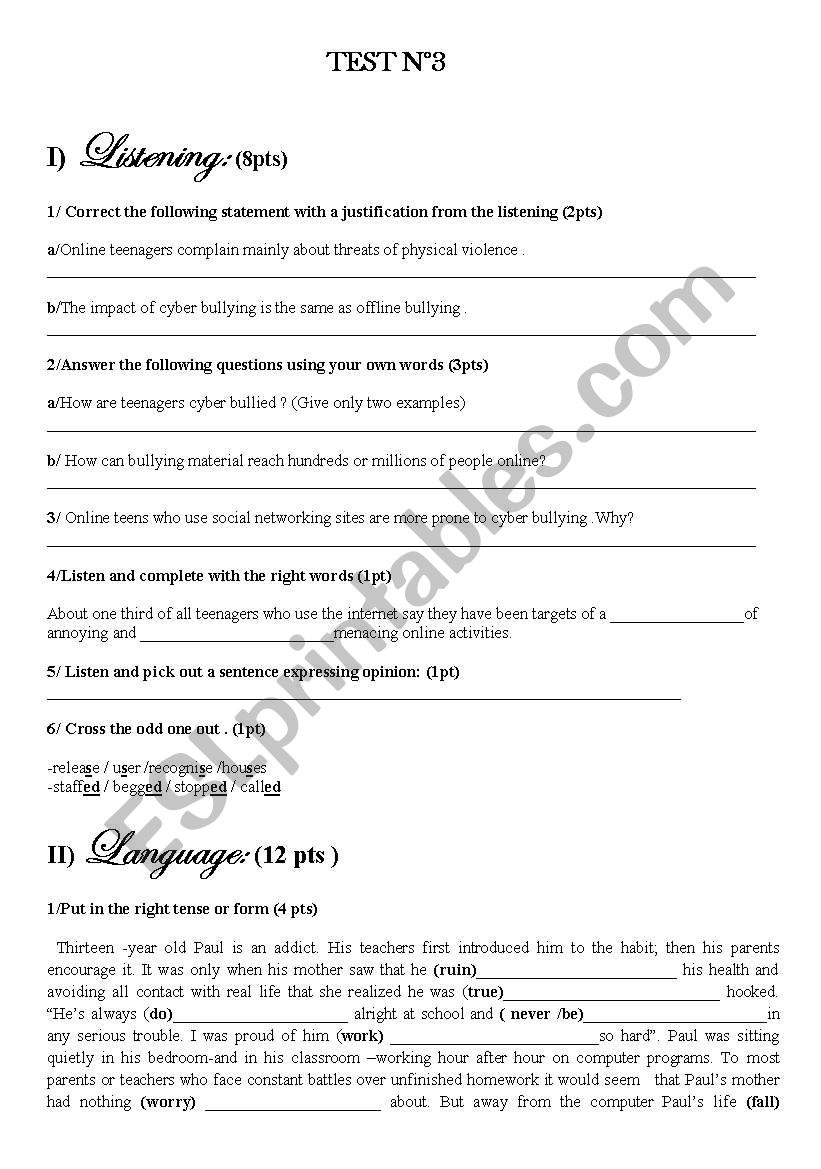 test n° 3  for 4 th year (bac ) pupils  with listening tape scripts about cyber bullying 