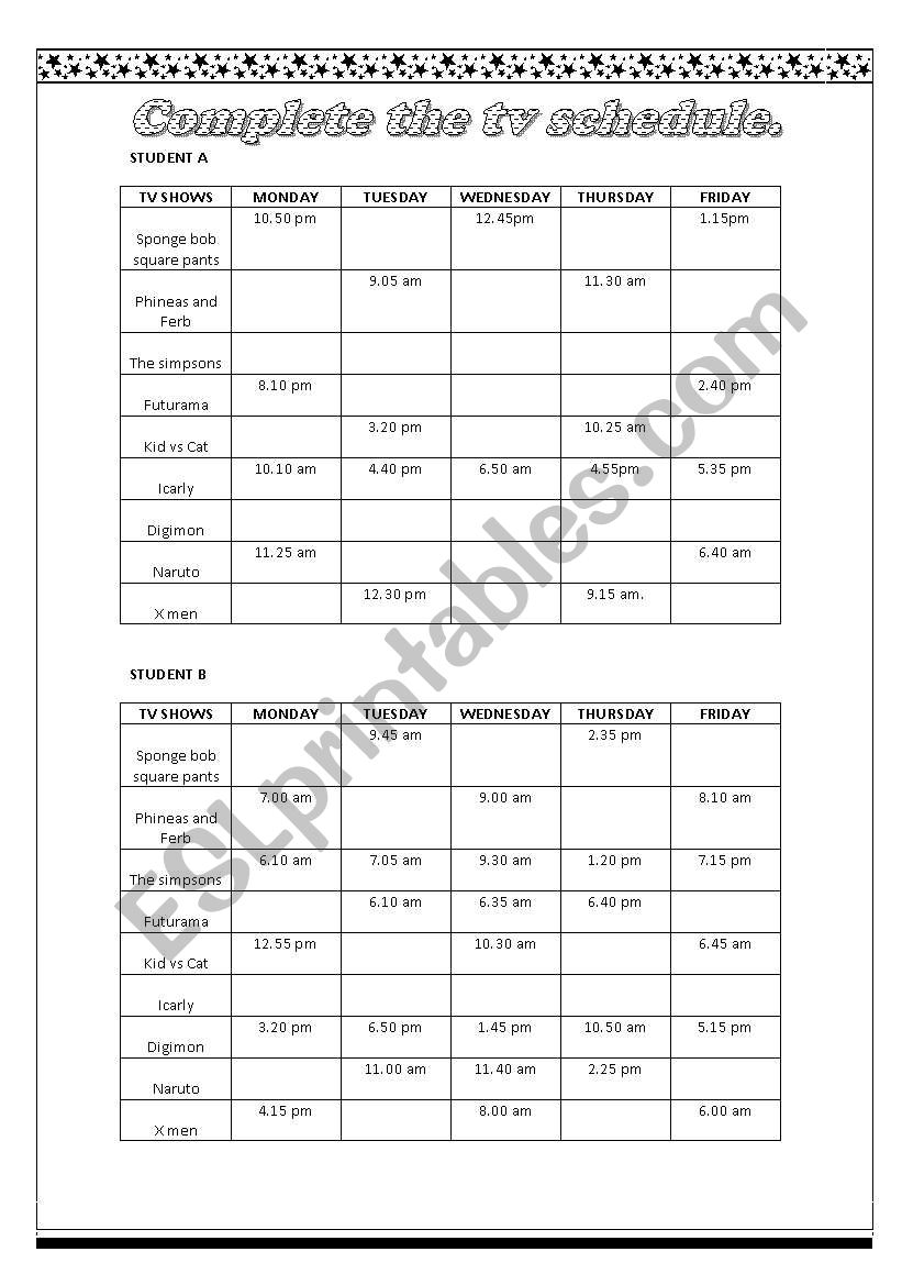 tv schedule  worksheet