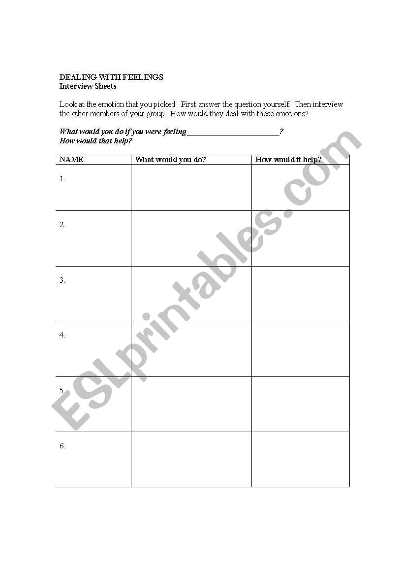 Dealing with Emotions worksheet