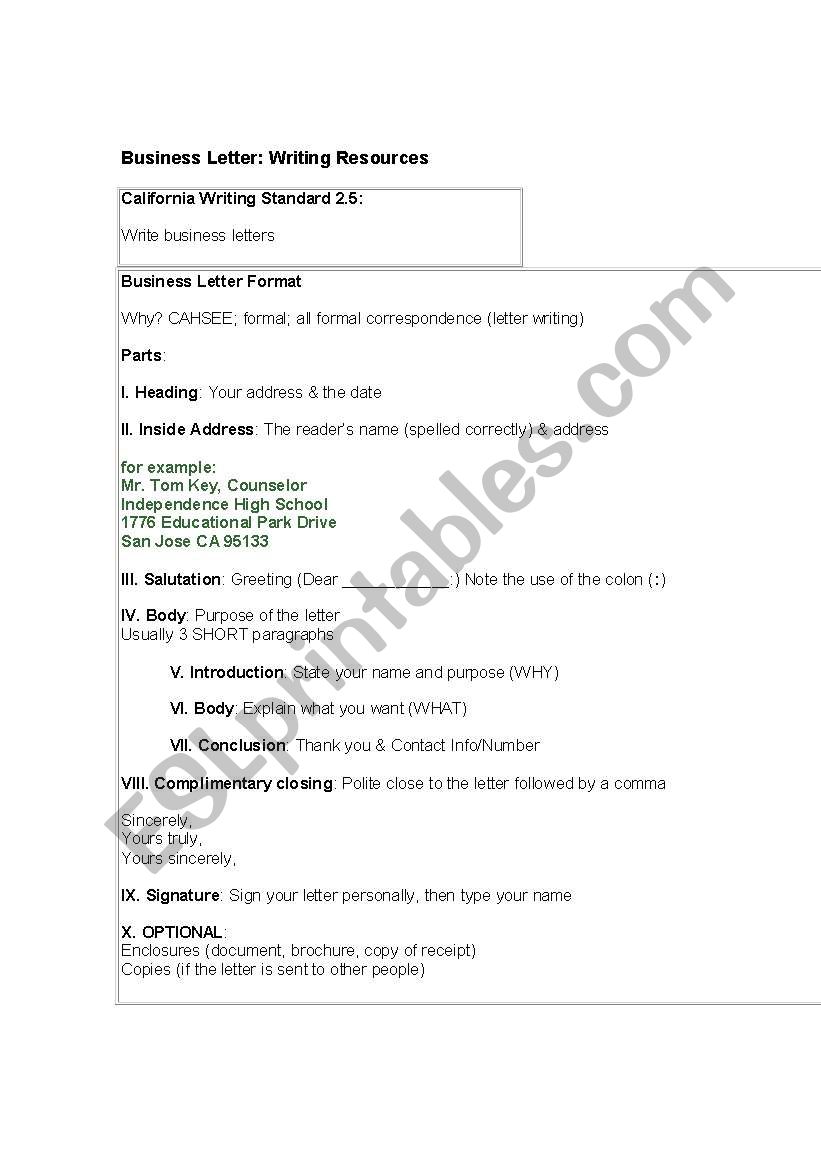 Business Letter worksheet