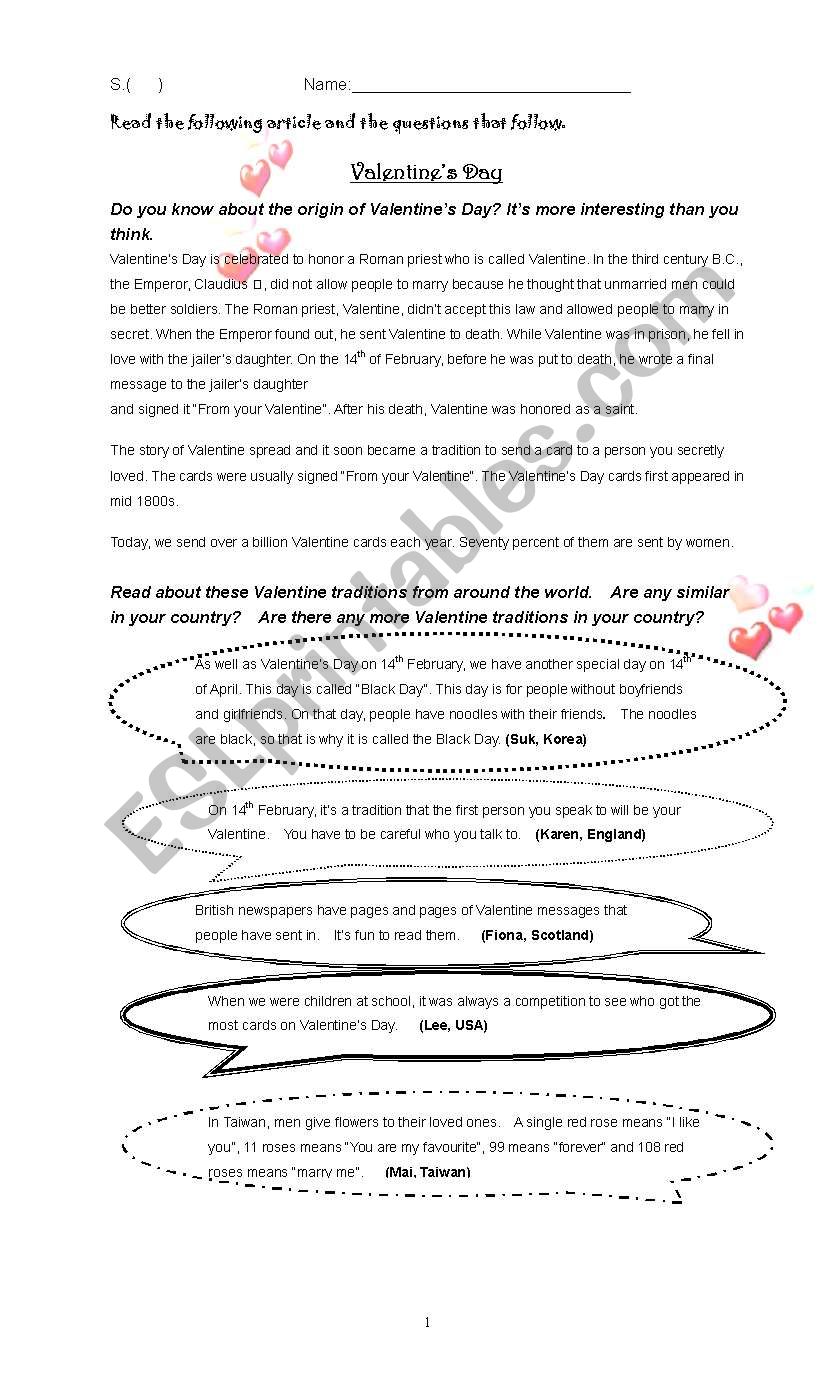 ValentinesÂ´ Day reading comprehension