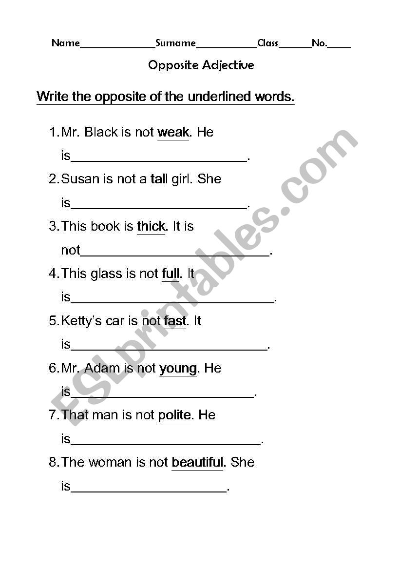 Opposite Adjective worksheet