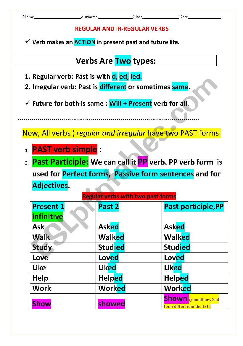 REGULAR, IR-REGULAR VERBS and PP forms  with presentation