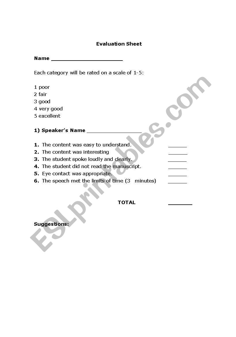 speech evaluation sheet worksheet