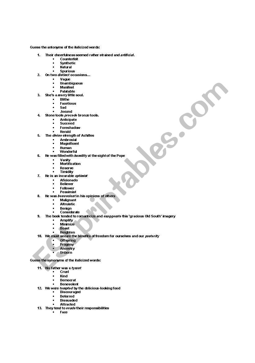 Antonyms synonyms worksheet