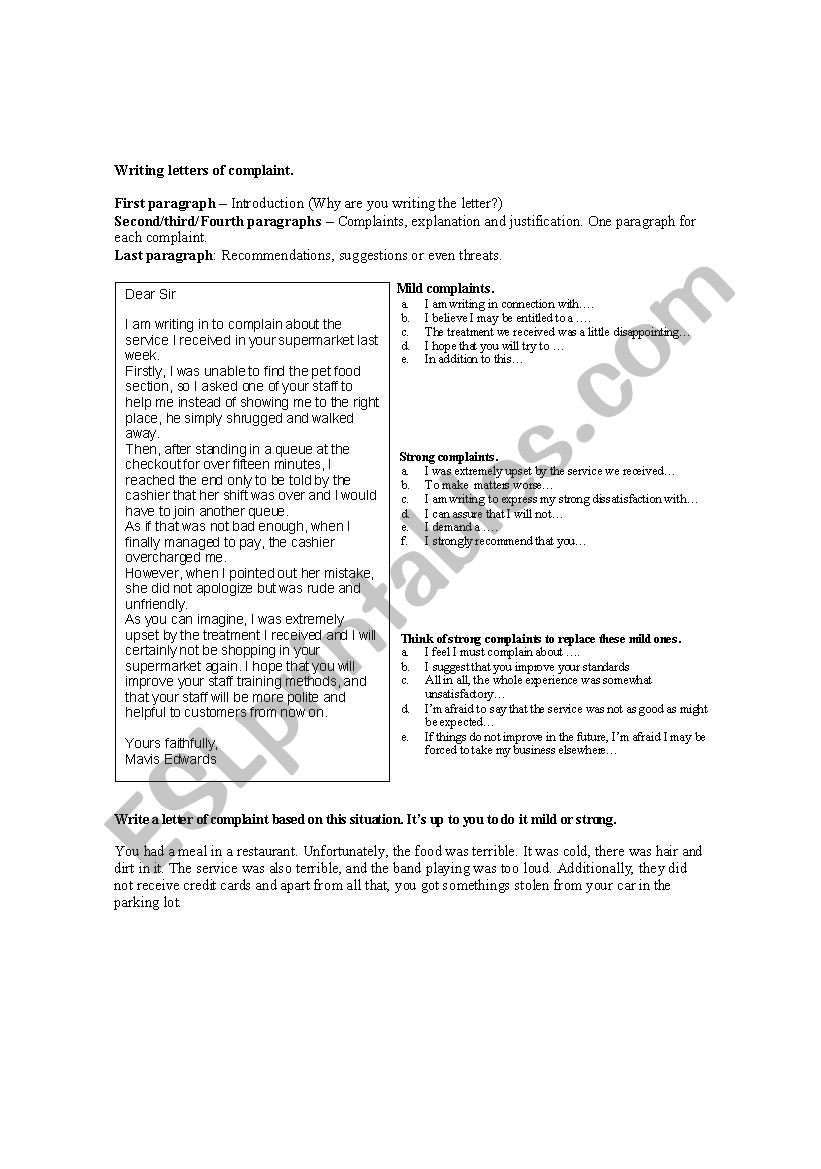 Letters of complaint worksheet