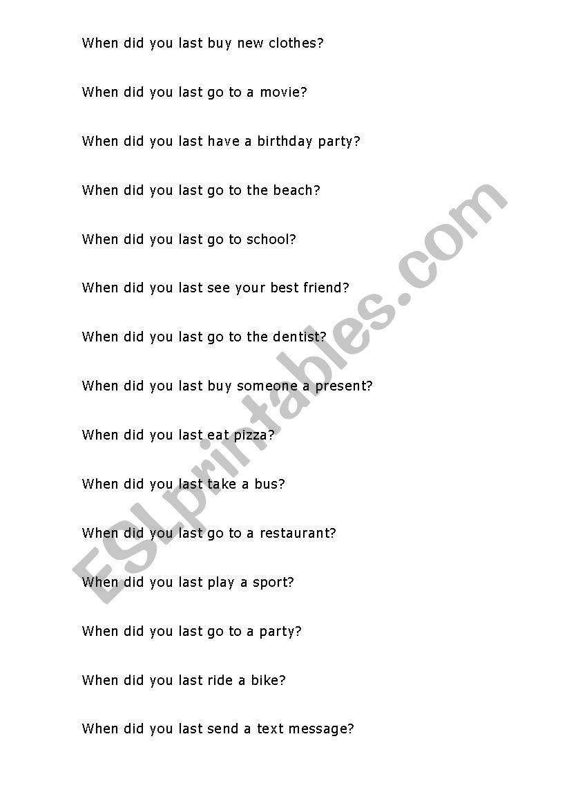 When did you last... ? worksheet