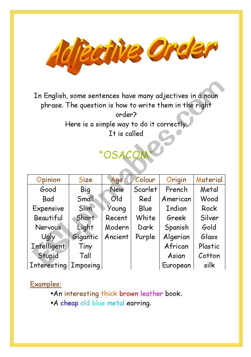 Adjective Order worksheet