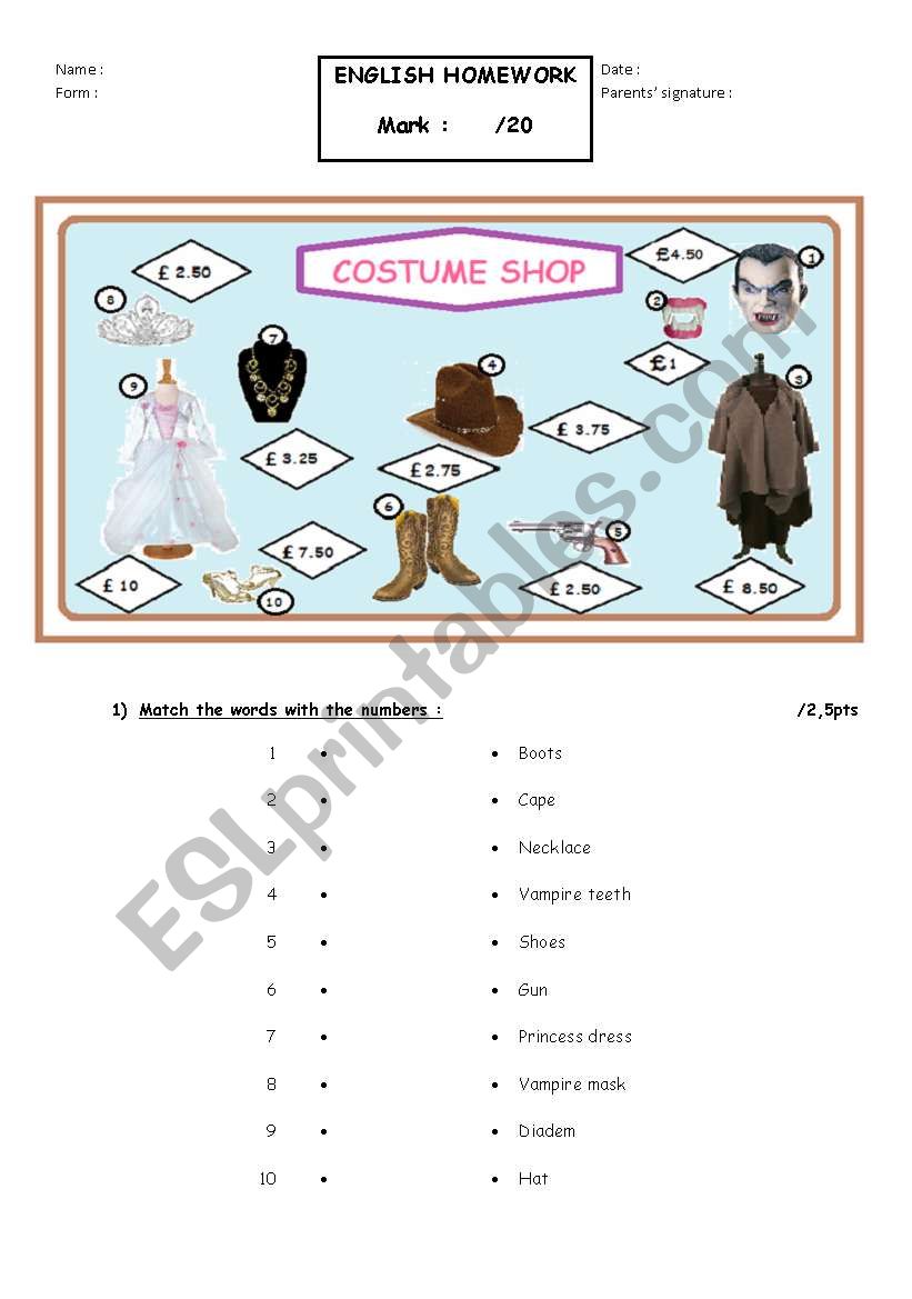 prices and costumes worksheet