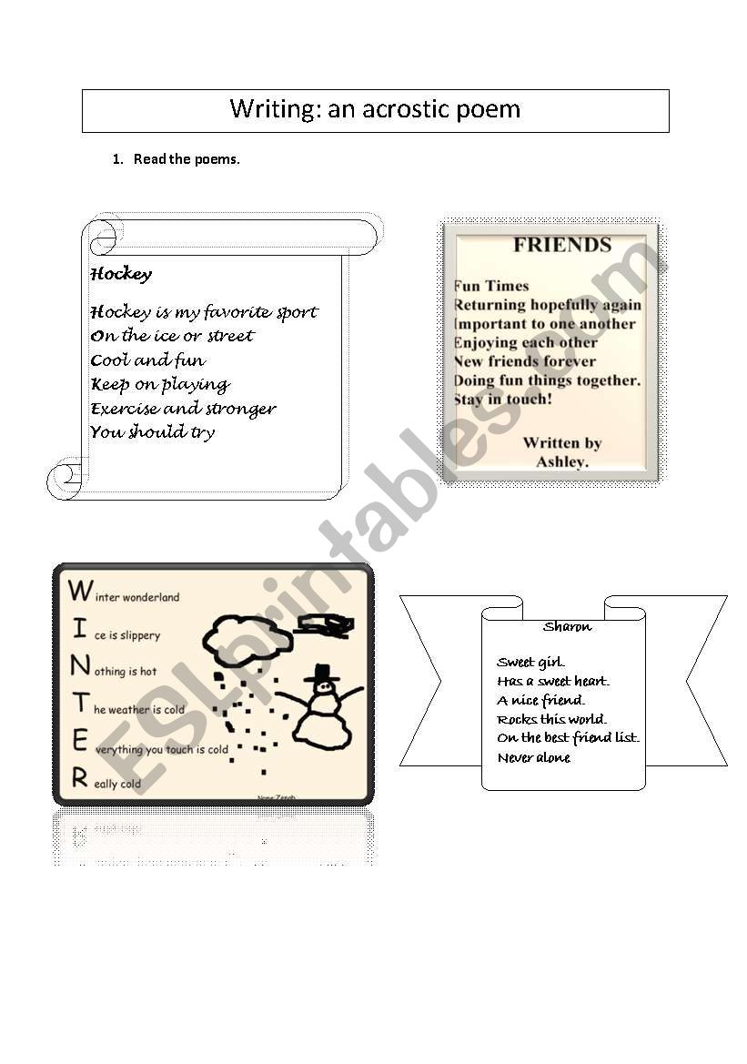 Writing: an acrostic poem worksheet