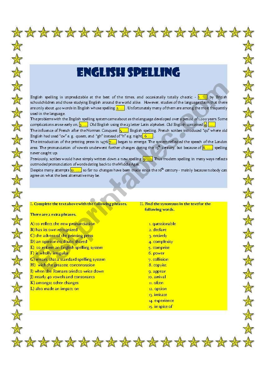 English Spelling worksheet