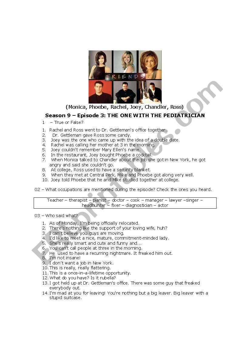 Friends Episode 3 Season 9 worksheet