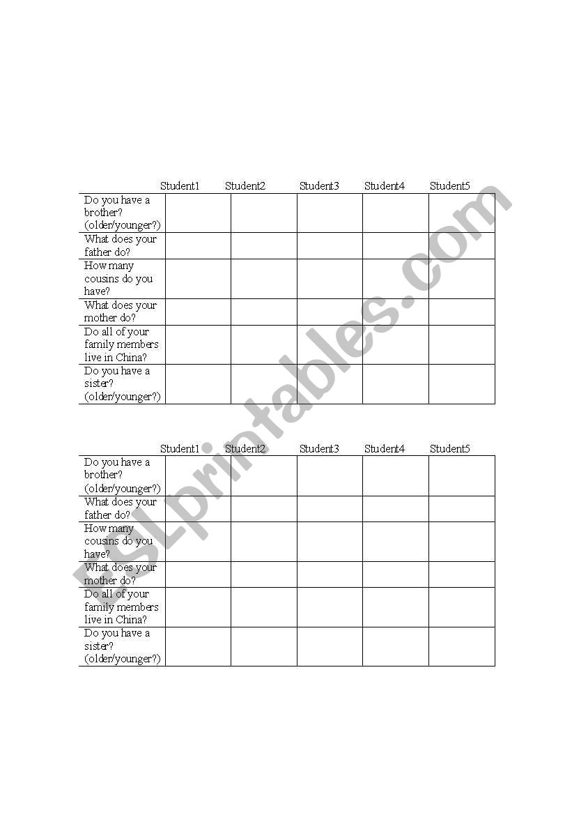 Family Survey worksheet