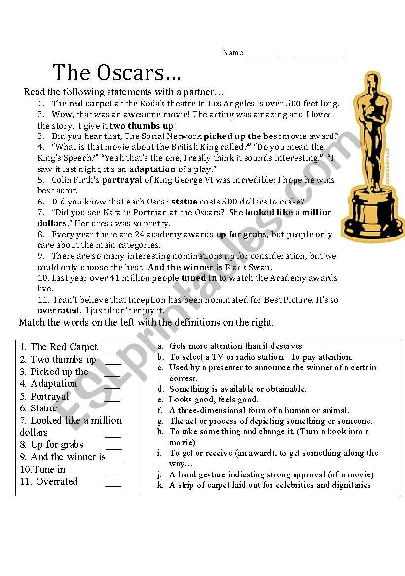 The Academy awards vocabulary worksheet