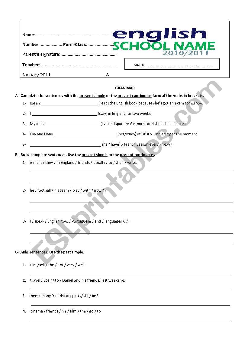 Grammar Test - Version A worksheet