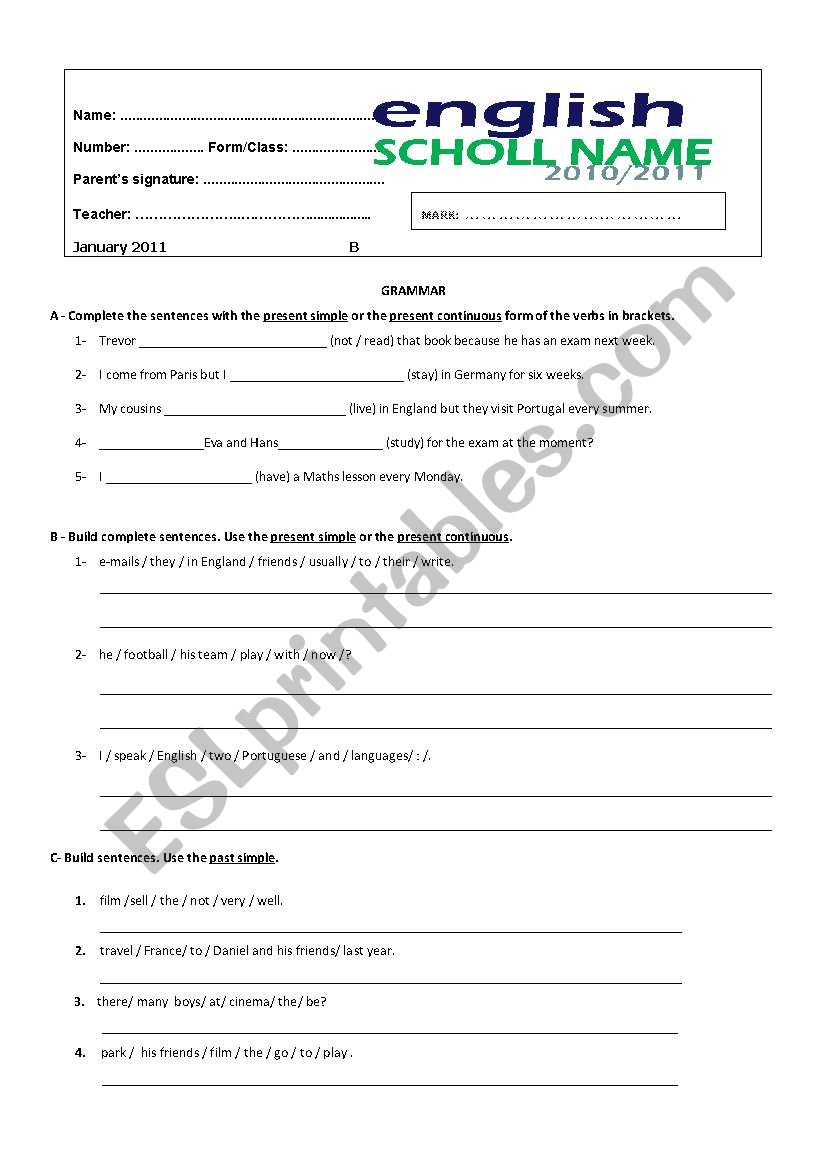 Grammar test - Version B worksheet