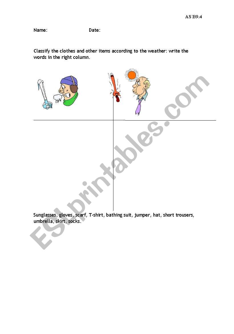 Classify the clothes items worksheet