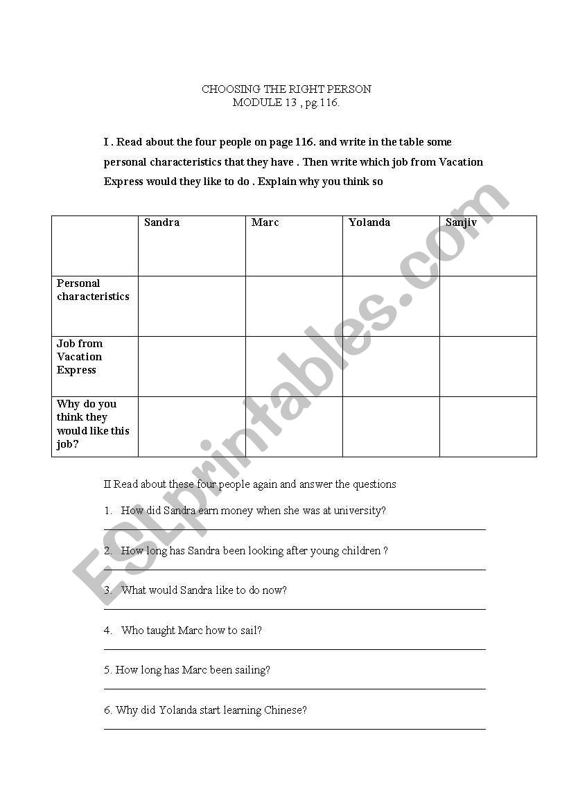 Cutting Edge Pre Intermediate MODULE 13 , pg.116. Chossing the right person