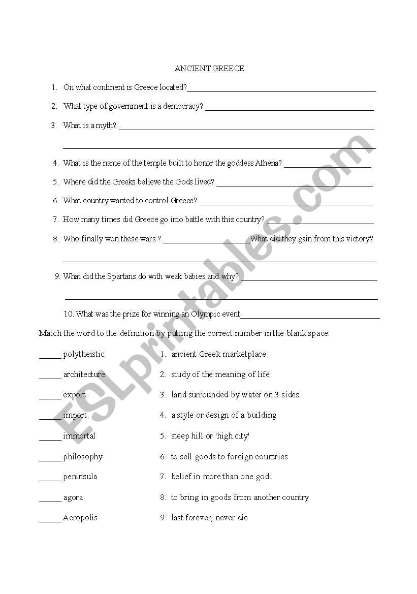 ancient greece mini quiz worksheet