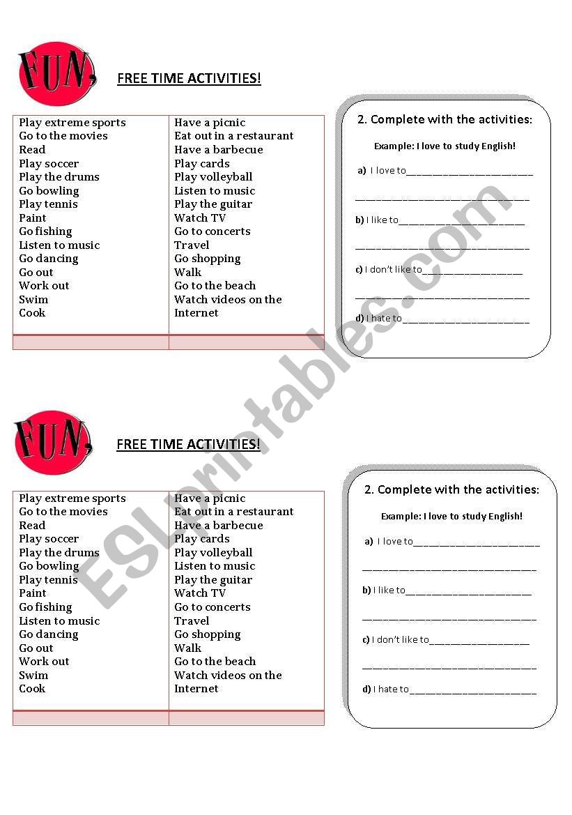 Free Time Activities worksheet