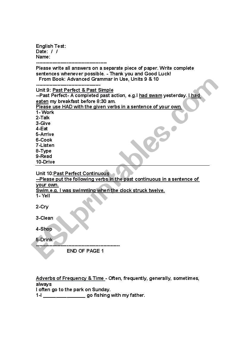 Intermediate English Test worksheet